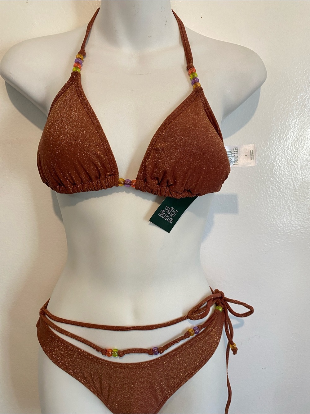 Shimmering Rust Brown Triangle Bikini with Bead Accents